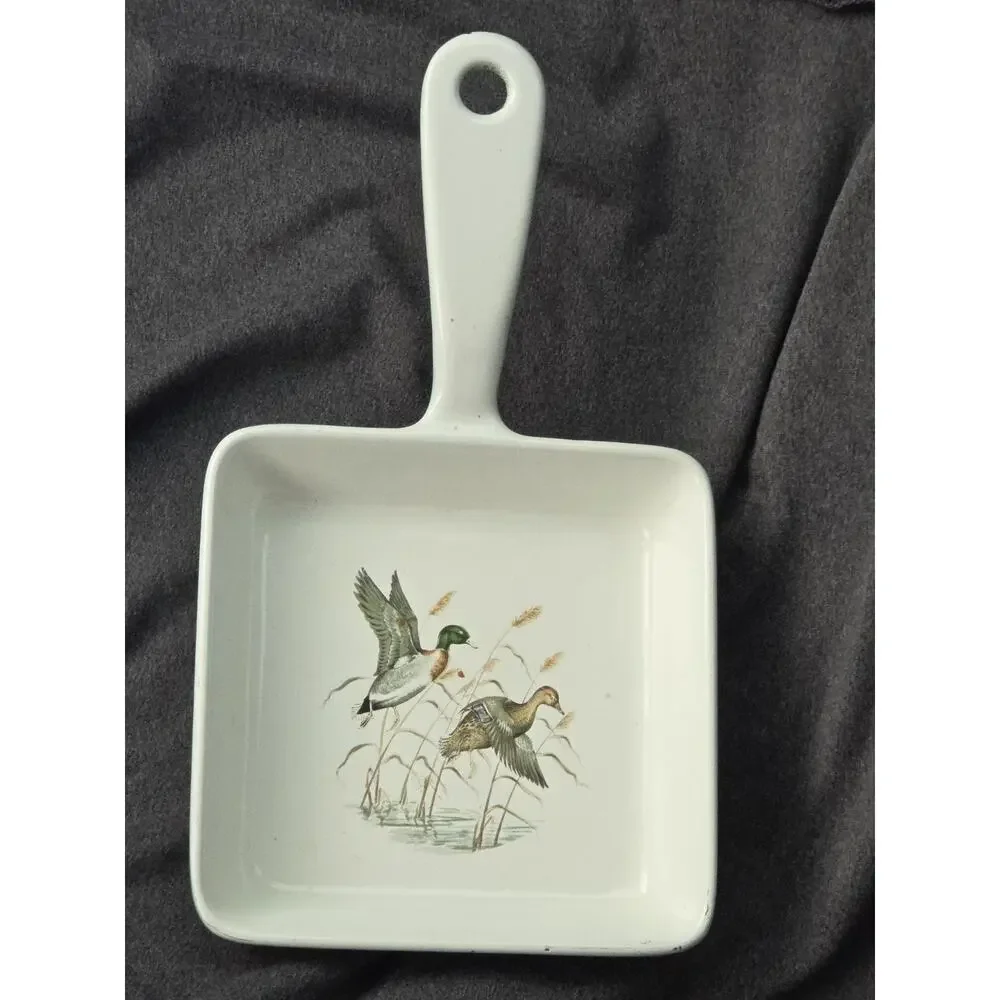 Vintage Prizer Ware White/Blue Enameled Cast Iron Small Squared Skillet, NOS
